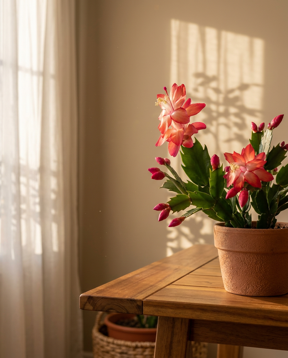 Christmas Cactus in a sunlit Japandi interior — Schlumbergera bridgesii potted on a warm wooden table
