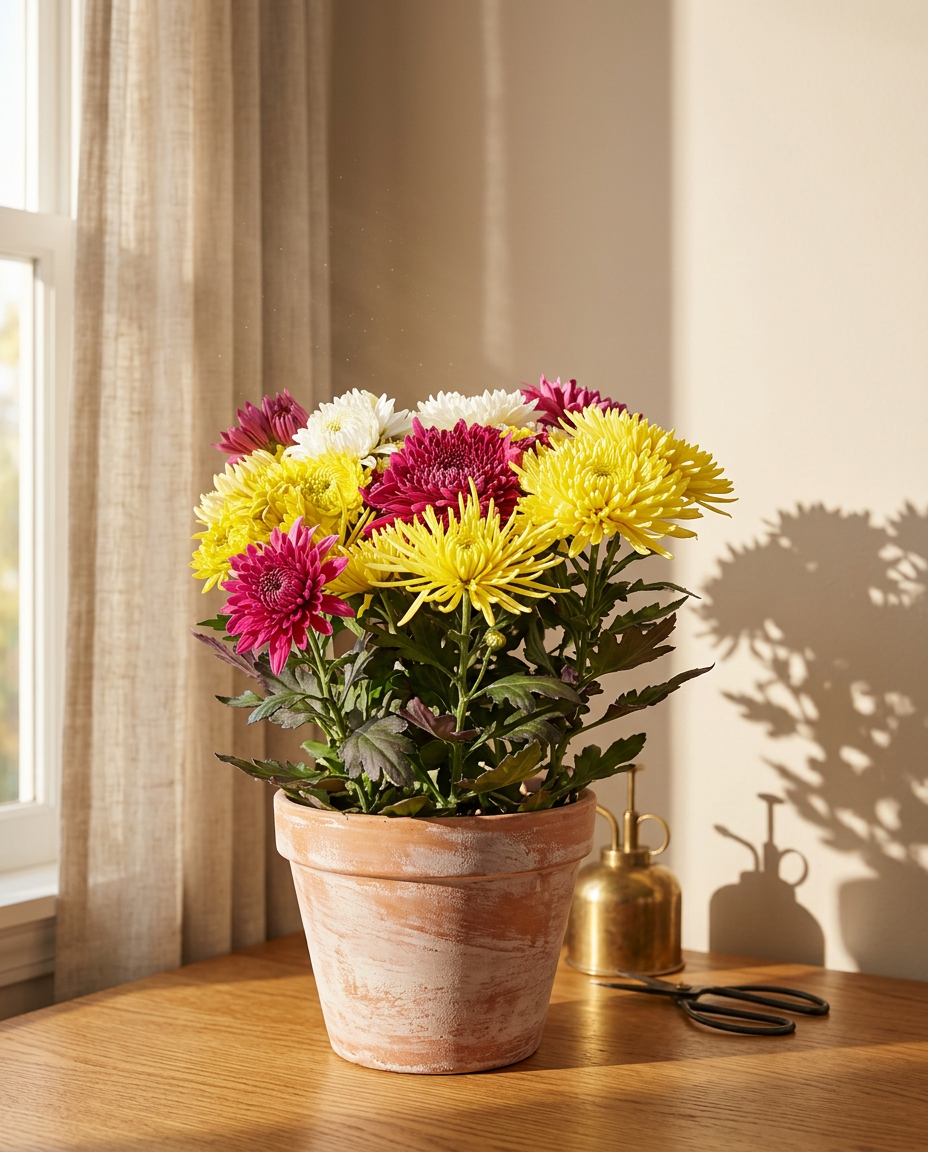 Chrysanthemum photographed in a sunlit interior