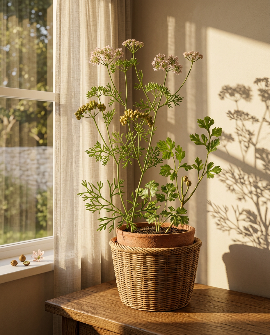Cilantro photographed in a sunlit kitchen herb pot beside a windowsill