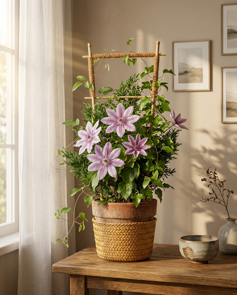 Clematis photographed in a sunlit outdoor garden climbing on a trellis
