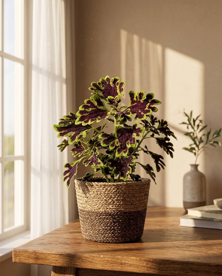 Coleus photographed in a sunlit interior beside a wooden side table