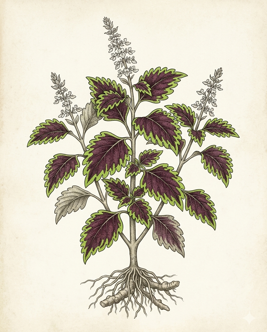 Botanical plate — Coleus, scalloped leaves in patterns of magenta, lime, and dark red
