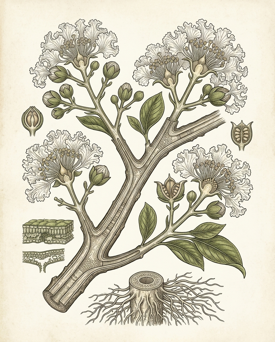 Botanical plate — Crepe myrtle flowering tree with clusters of pink crinkled blooms and exfoliating bark