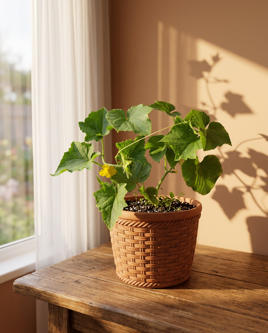Cucumber plant climbing a trellis in a sunlit kitchen garden