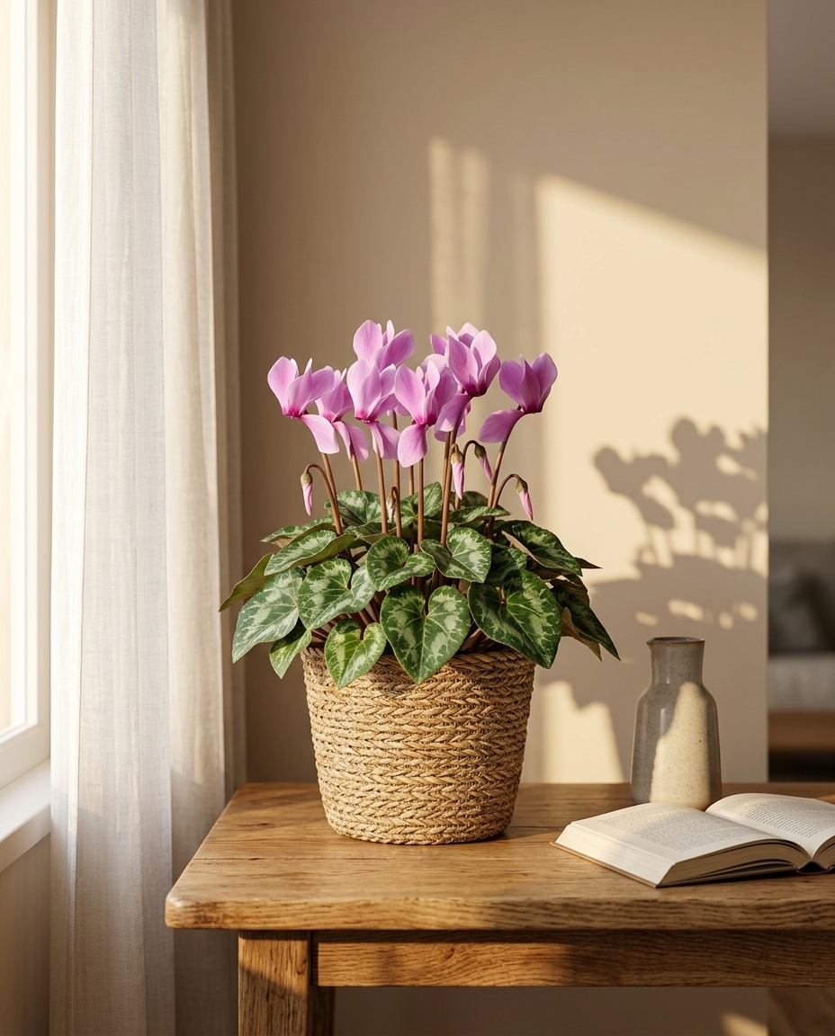Cyclamen photographed in a sunlit interior on a wooden side table