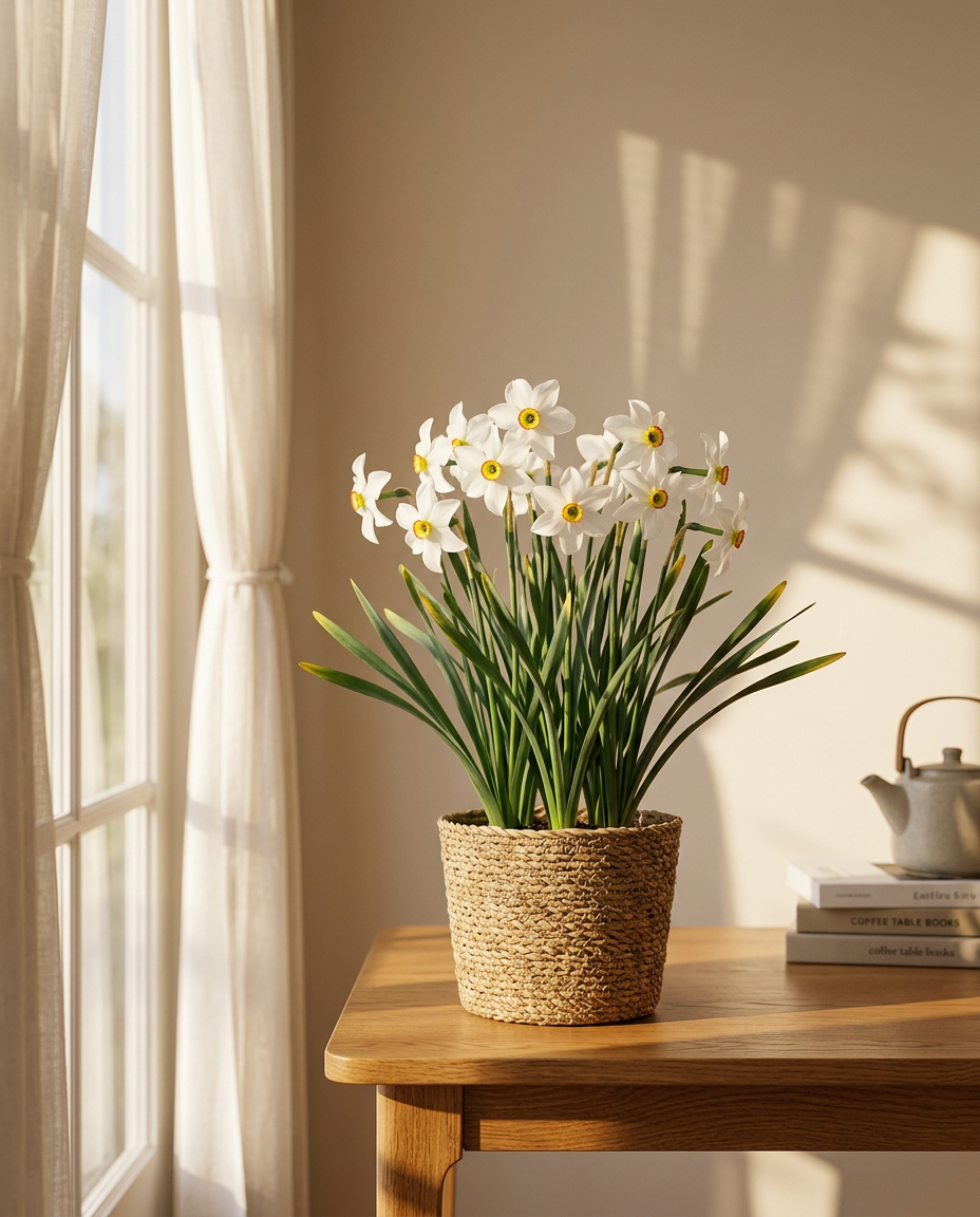 Daffodil photographed in a sunlit interior