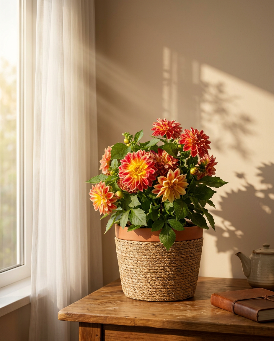 Dahlia stems photographed in a sunlit interior in a ceramic vase