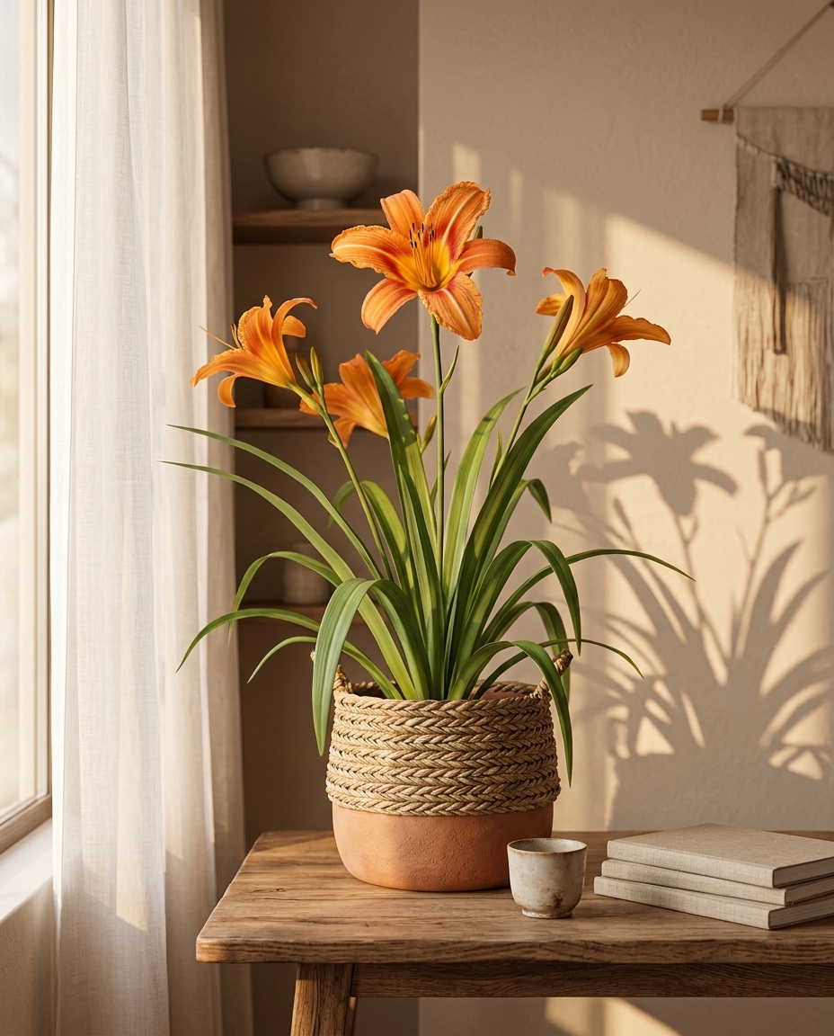 Daylily photographed in a sunlit garden border — Hemerocallis with orange flowers