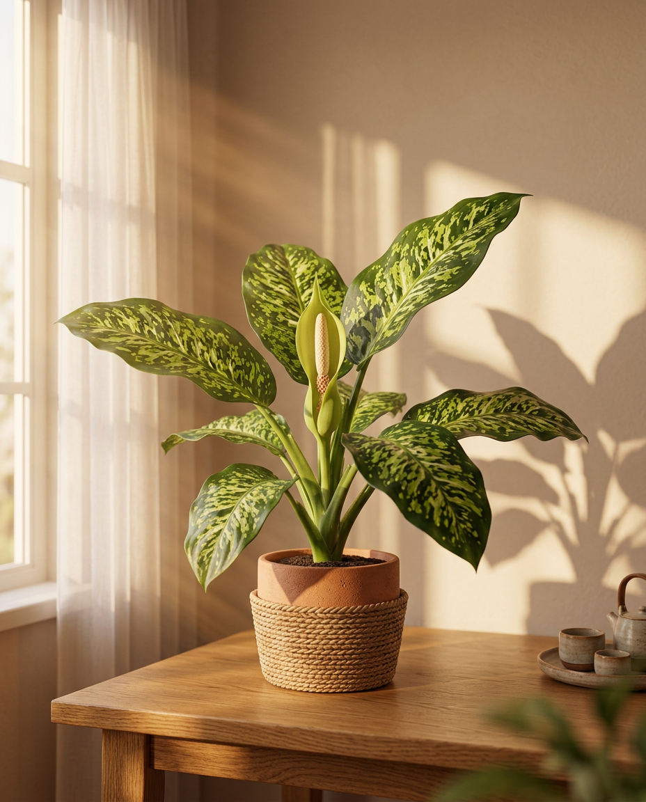 Dieffenbachia in a sunlit Japandi interior — Dieffenbachia spp. potted on a warm wooden table