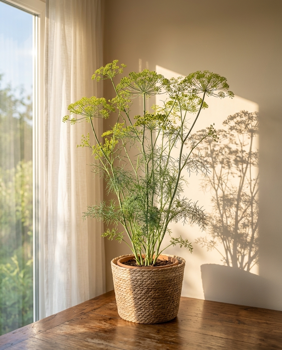 Dill photographed in a sunlit interior in a small kitchen pot on a windowsill