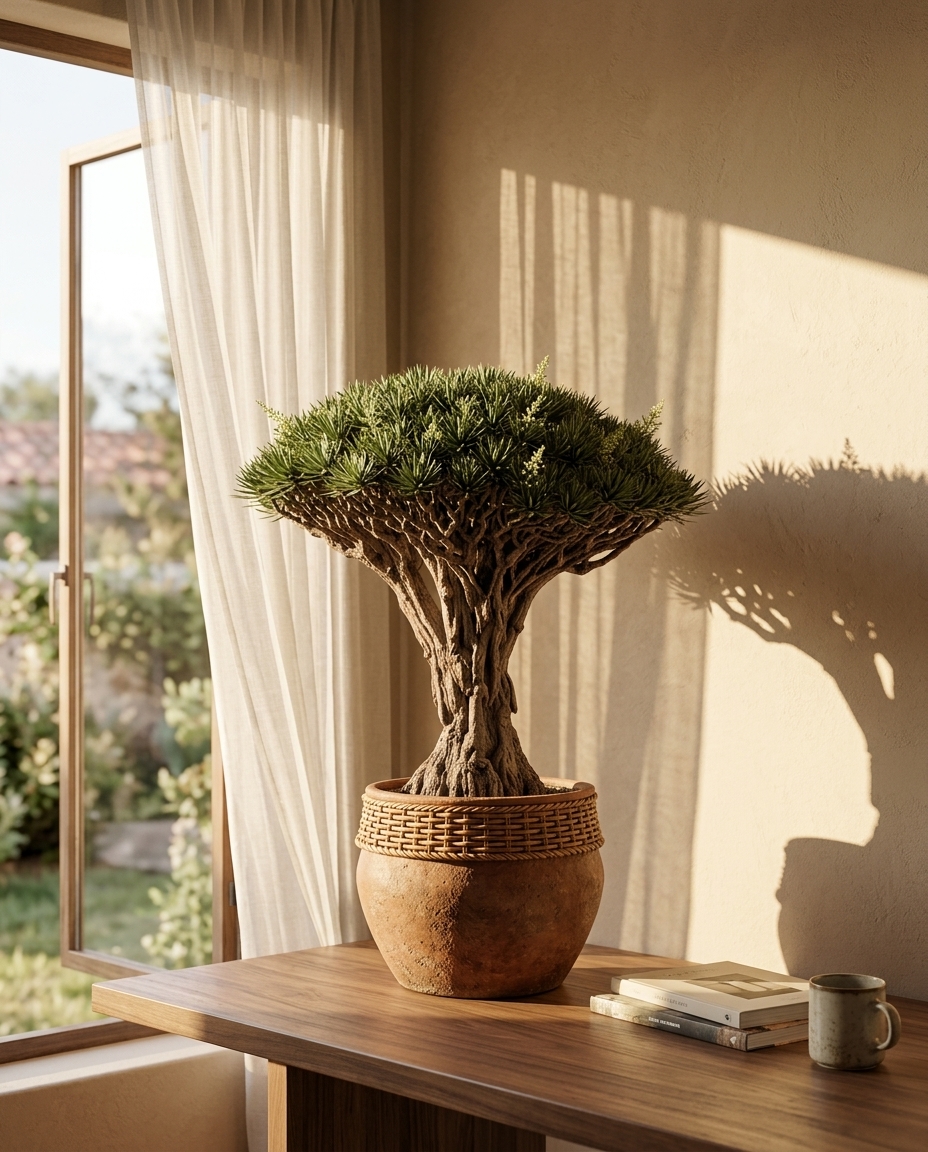Dracaena in a sunlit Japandi interior — Dracaena fragrans potted on a warm wooden table