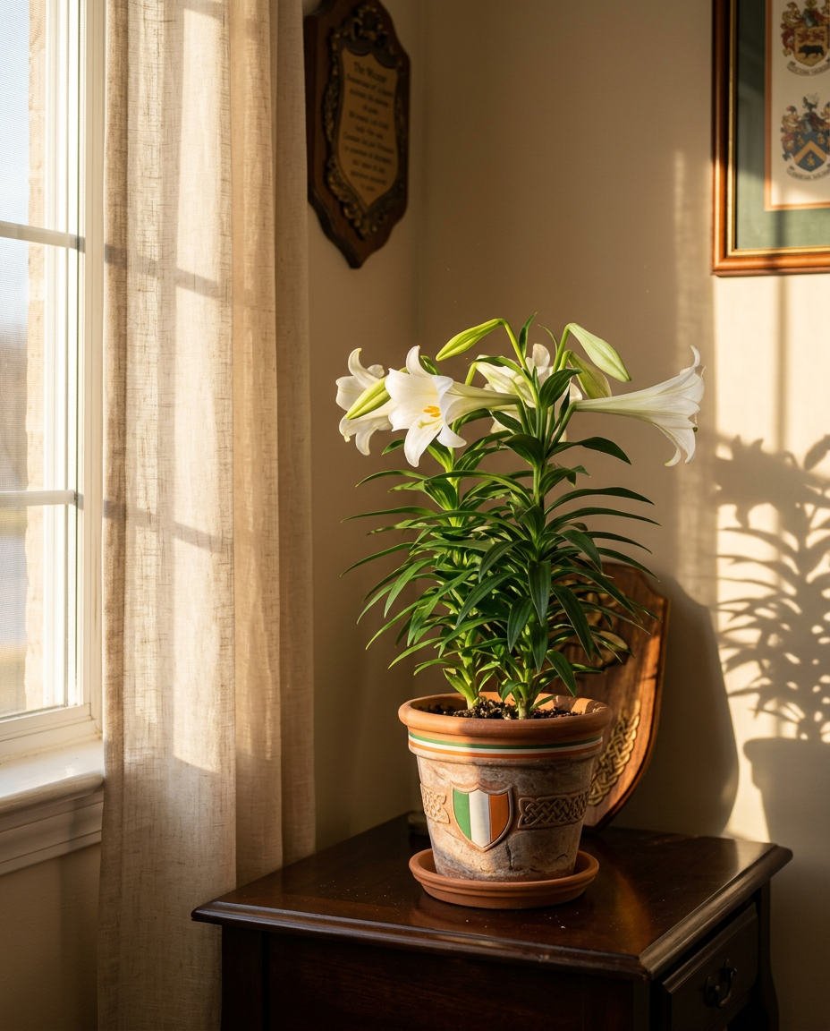 Easter Lily in a sunlit Japandi interior — Lilium longiflorum potted on a warm wooden table