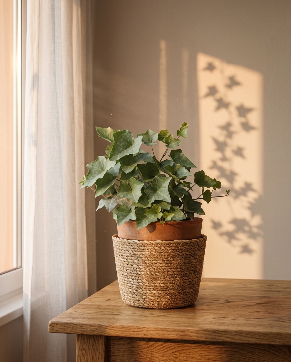 English Ivy in a sunlit Japandi interior — Hedera helix potted on a warm wooden table