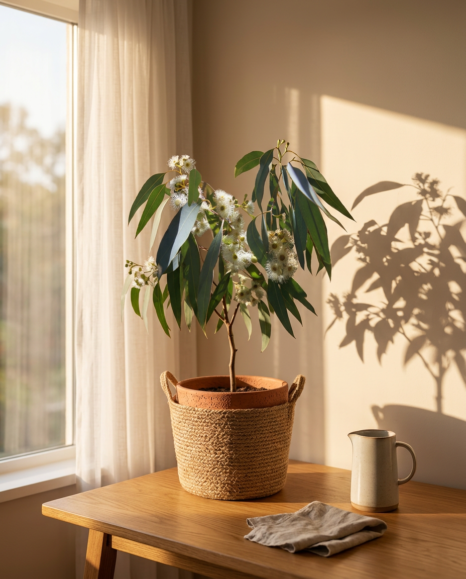 Eucalyptus in a sunlit Japandi interior — Eucalyptus spp. arranged on a warm wooden table