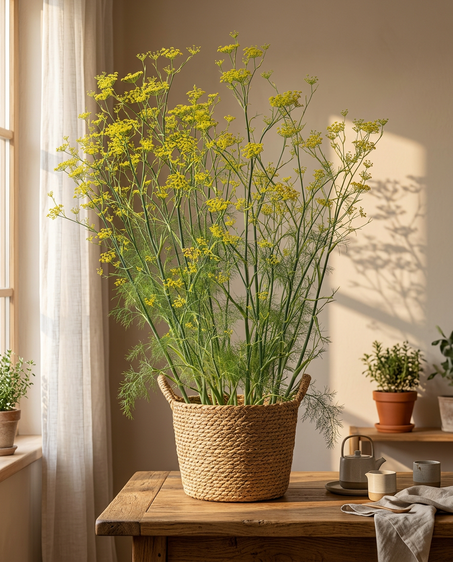 Fennel photographed in a sunlit kitchen herb garden in a terracotta pot beside other herbs