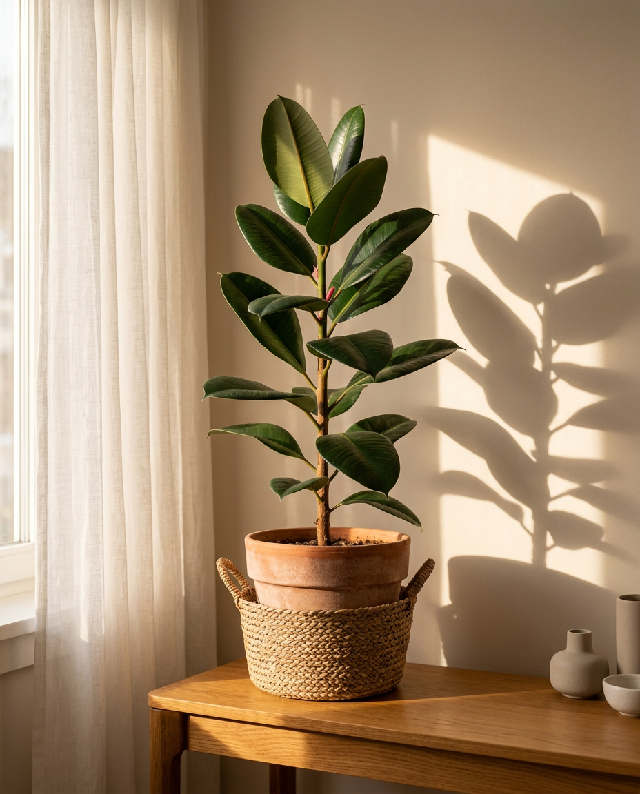 Weeping Fig in a sunlit Japandi interior — Ficus benjamina potted on a warm wooden table