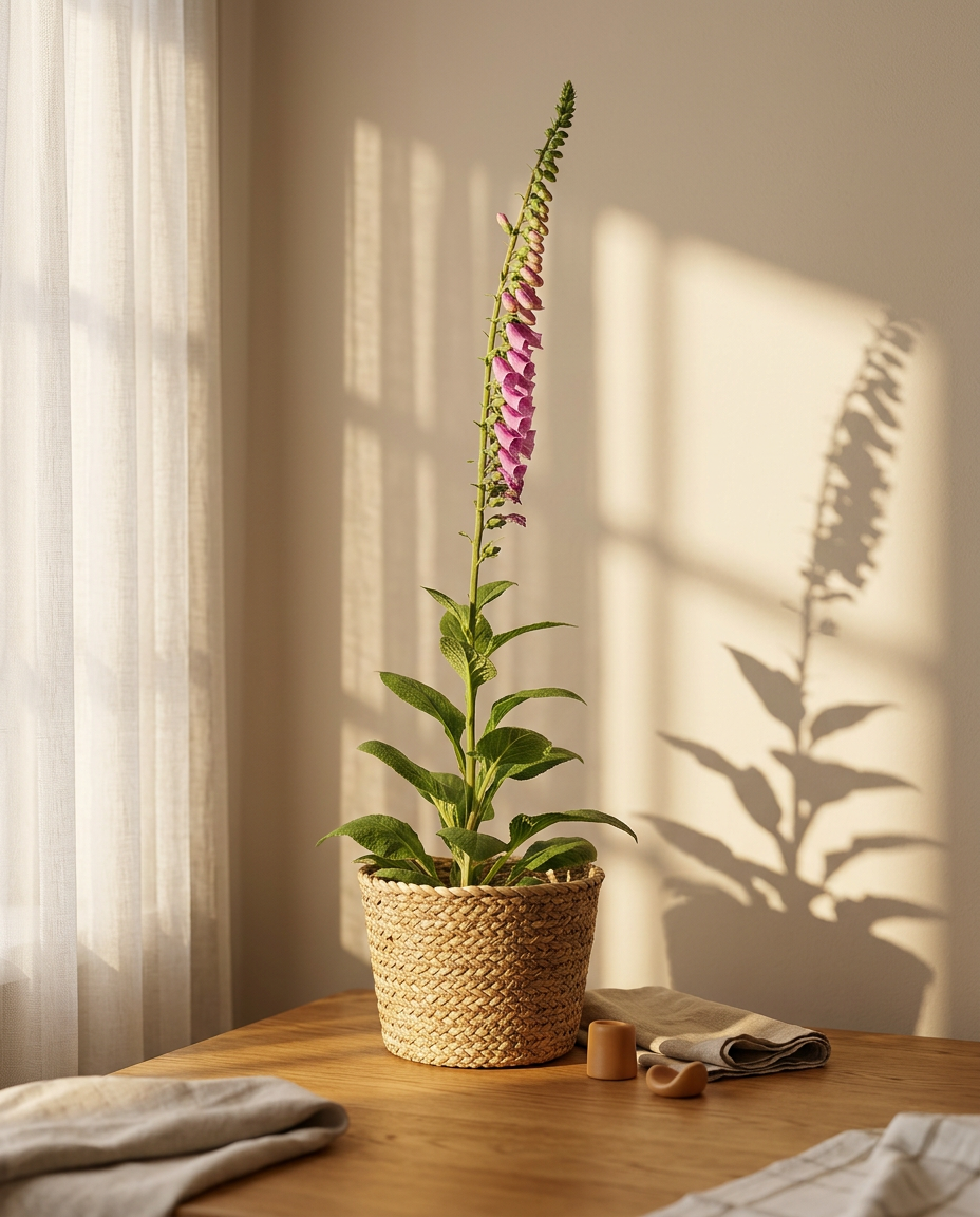 Foxglove photographed in a sunlit interior beside a cottage window