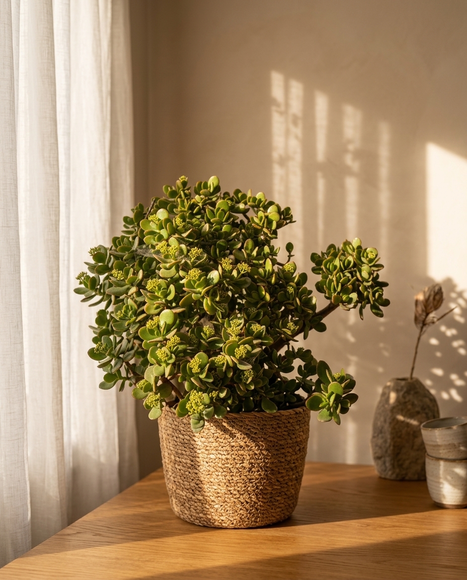 Friendship Plant photographed in a small terracotta pot on a sunlit windowsill in a modern interior