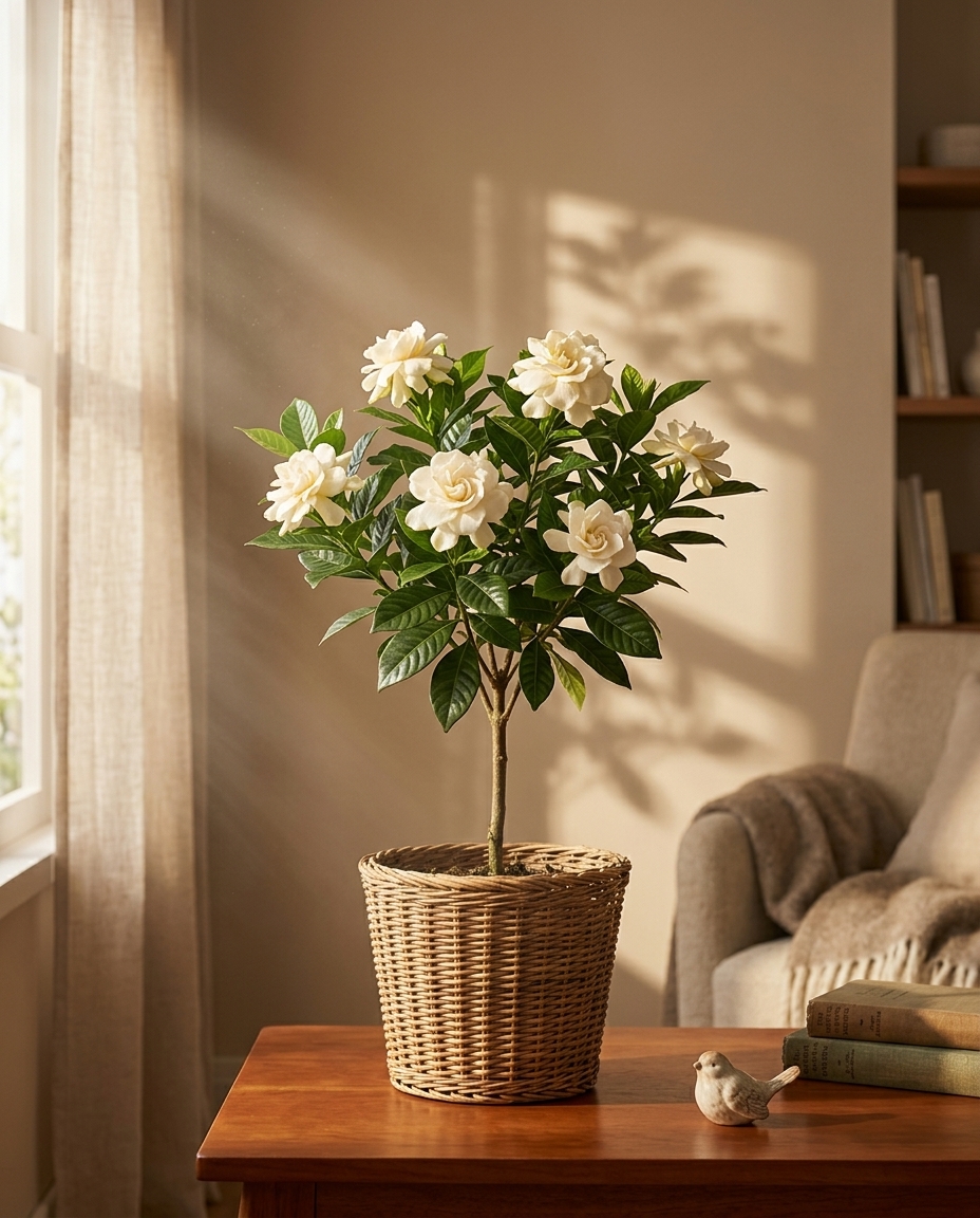 Gardenia photographed flowering on a bright windowsill in a softly-lit room