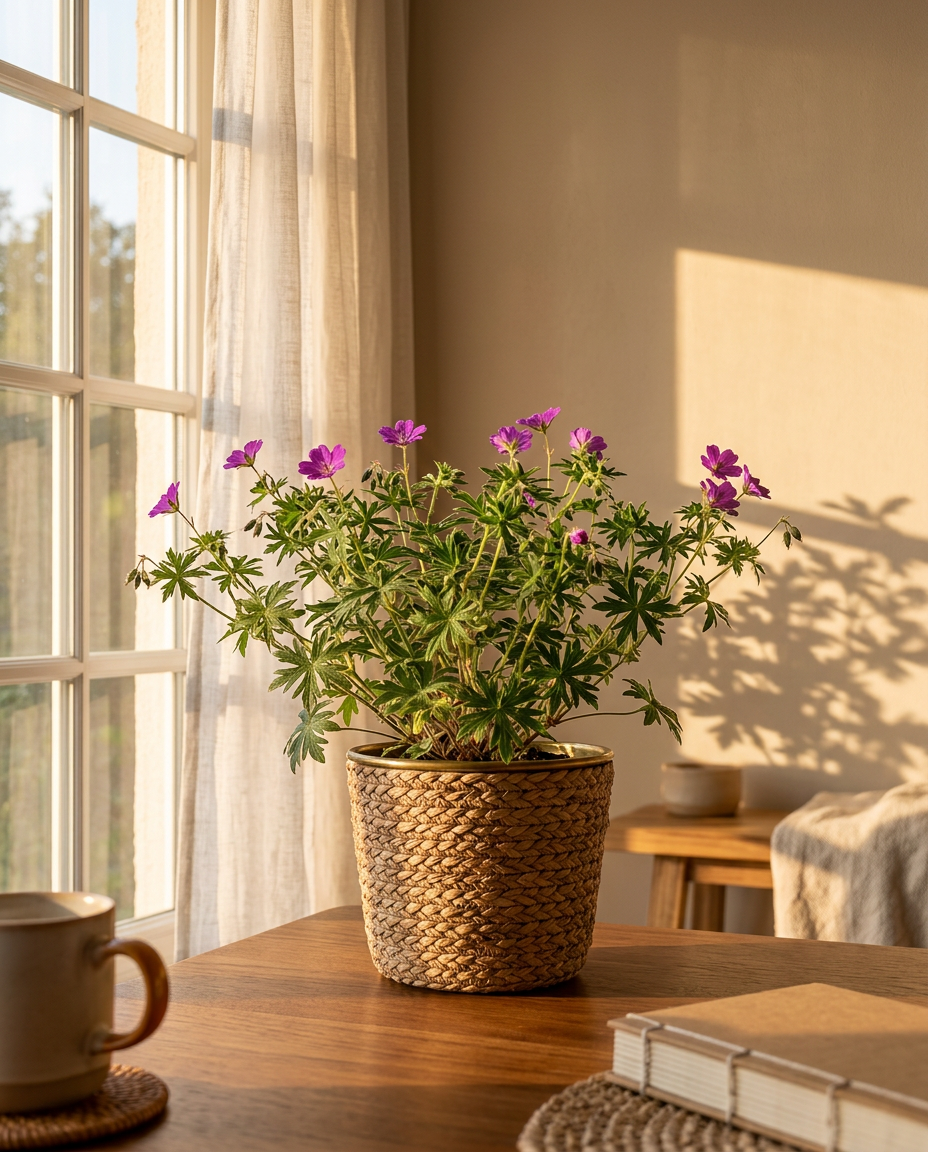 Geranium photographed in a sunlit interior on a kitchen windowsill
