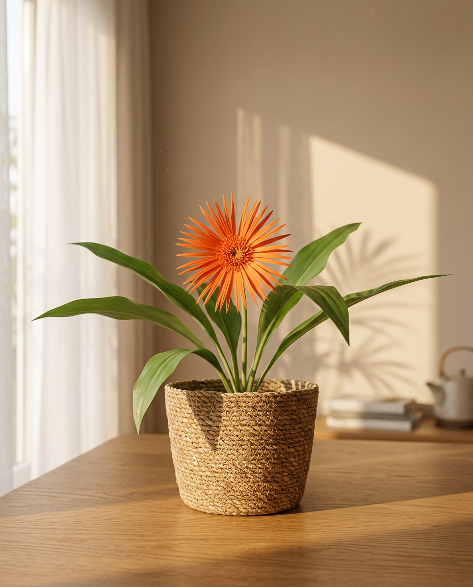 Gerbera daisies photographed in a sunlit interior in a small glass vase