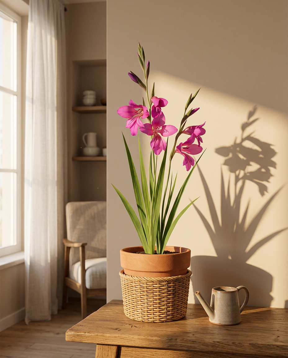 Gladiolus stems photographed in a sunlit interior in a tall vase