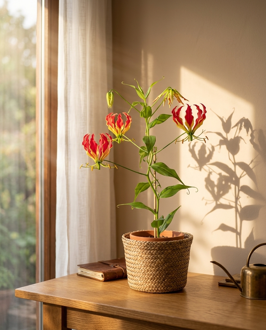 Gloriosa lily photographed flowering in a conservatory beside a window