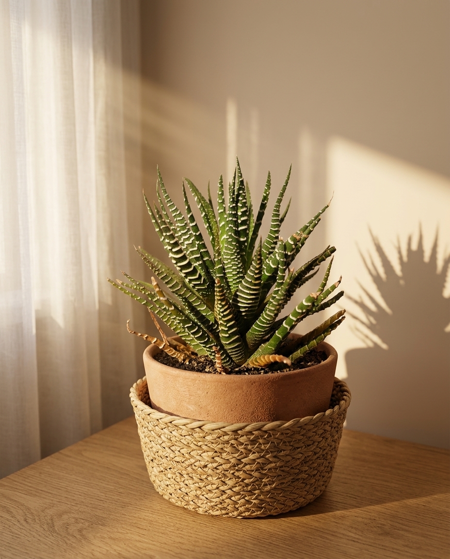 Haworthia in a sunlit Japandi interior — Haworthia attenuata potted on a warm wooden table