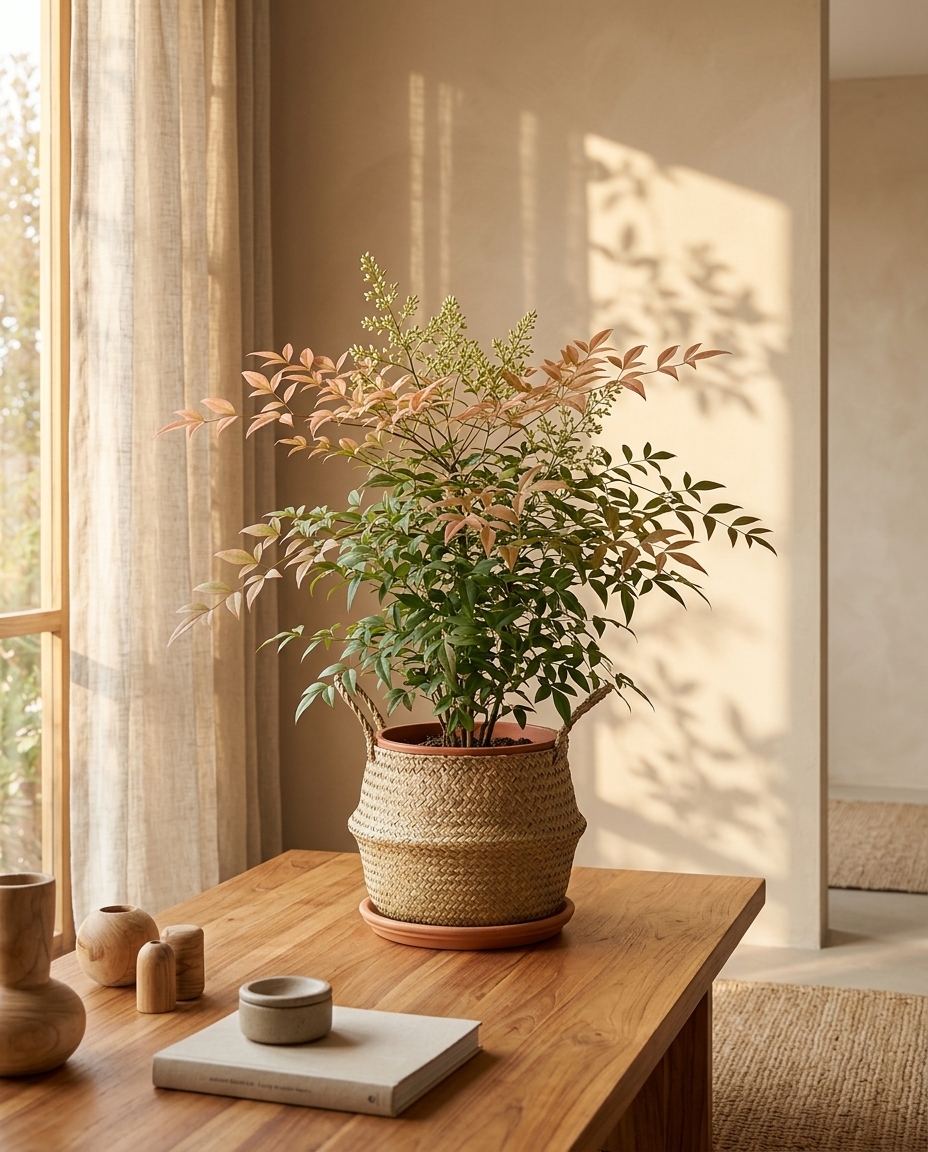 Heavenly bamboo photographed in a sunlit shrub border in a Southern US garden