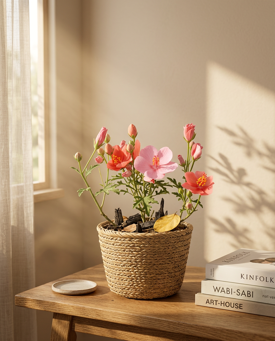 Hibiscus blooms photographed in a sunlit interior on a side table beside a bright window