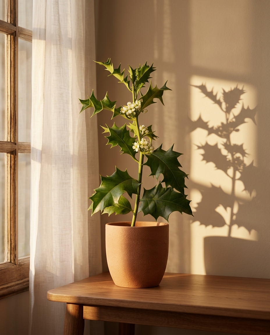 Holly sprig photographed in a sunlit interior beside a holiday garland