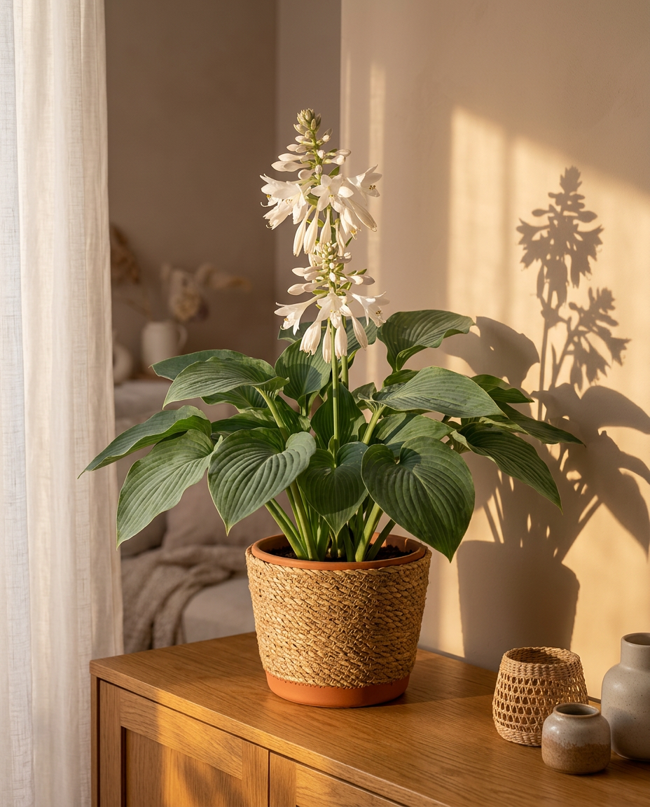 Hosta photographed in a sunlit shaded interior in a ceramic pot