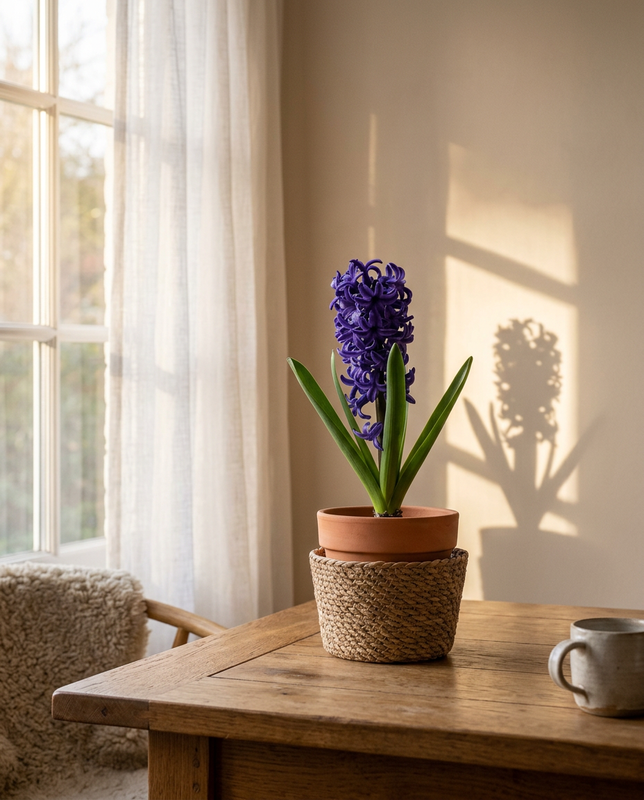 Hyacinth photographed in a sunlit interior on a spring windowsill