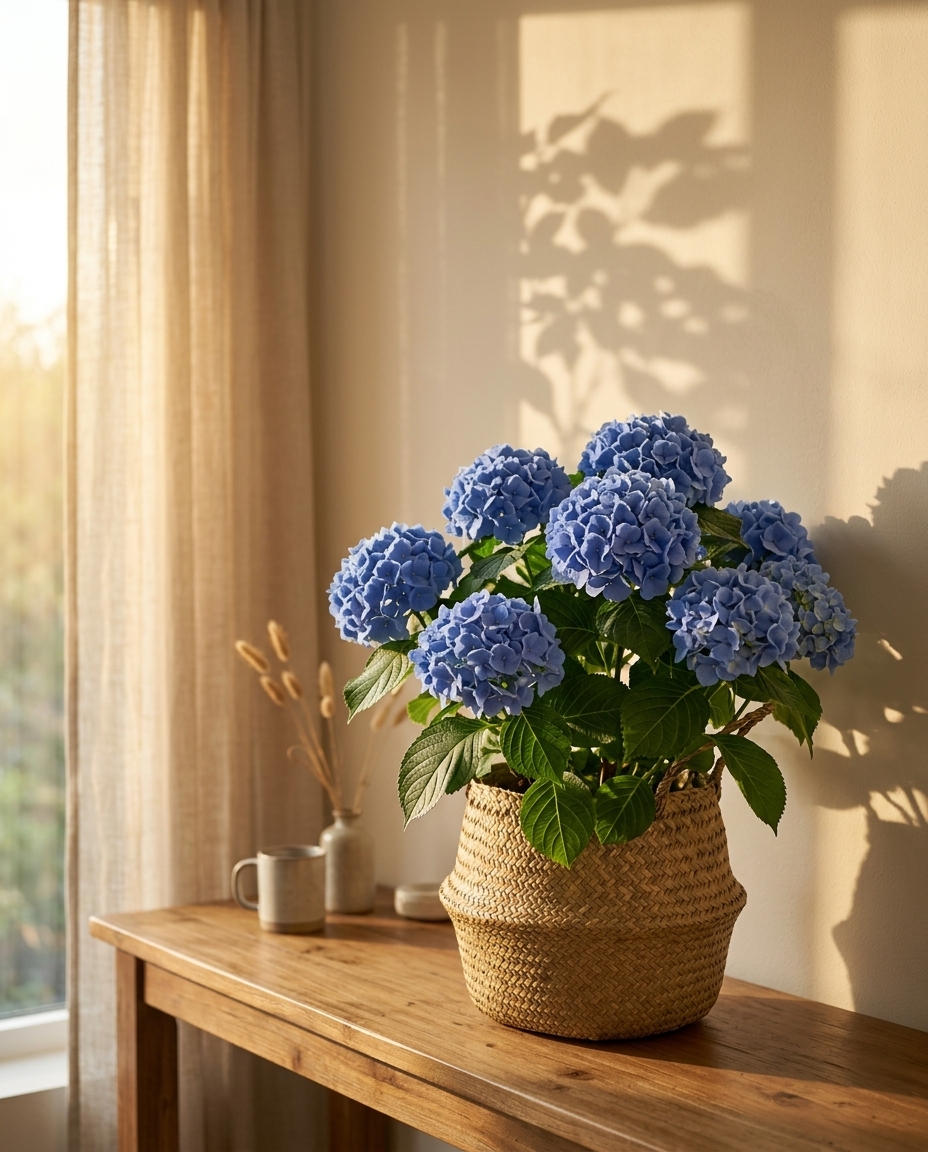 Hydrangea photographed in a sunlit interior
