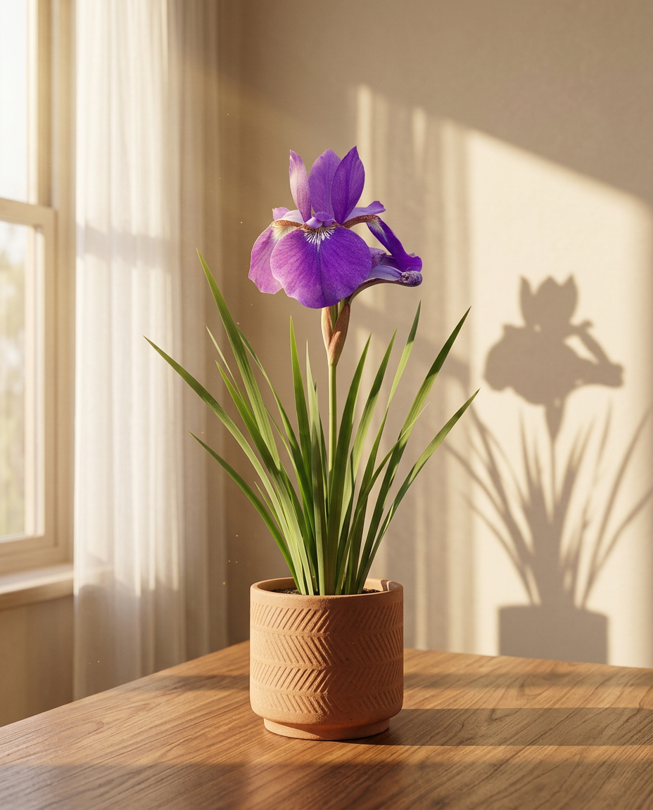 Iris stems photographed in a sunlit interior in a clear vase