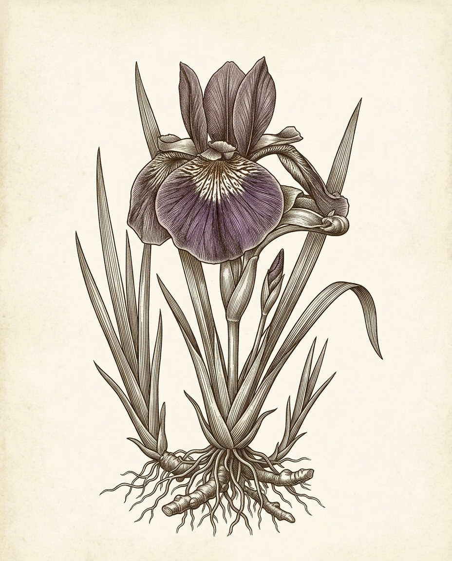 Botanical plate — Iris, three upright standards above three falling falls on a sword-leaf clump from a horizontal rhizome