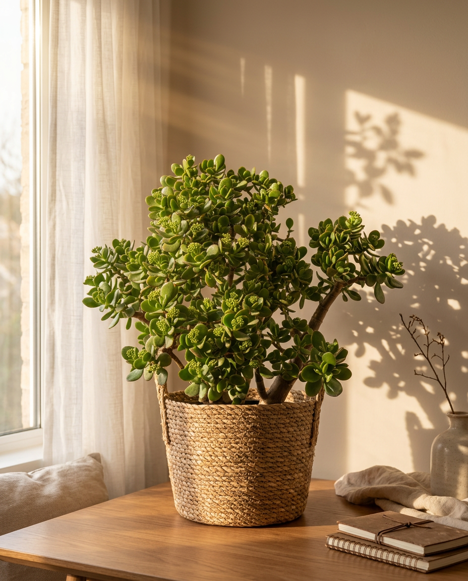 Jade Plant in a sunlit Japandi interior — Crassula ovata potted on a warm wooden table
