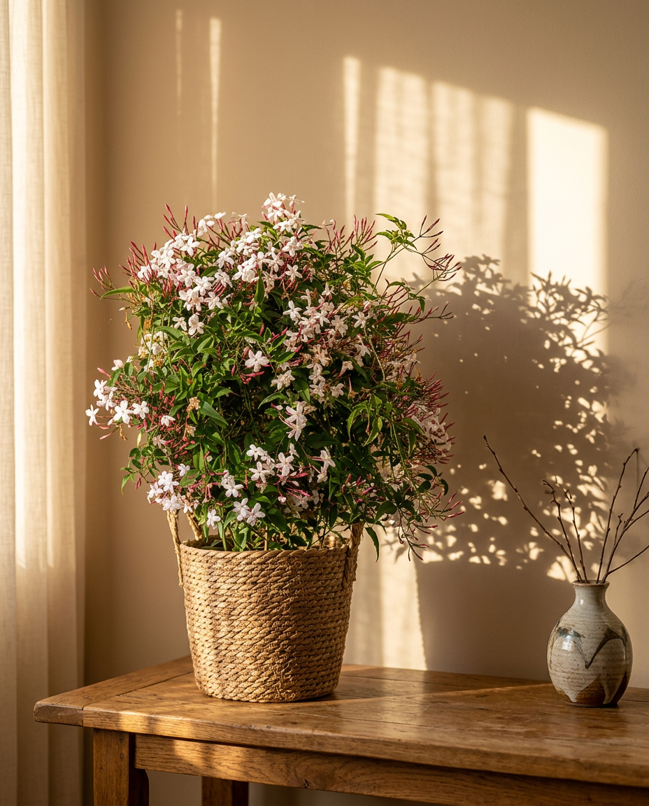 Jasmine photographed flowering on a sunlit windowsill beside a white-painted sash window