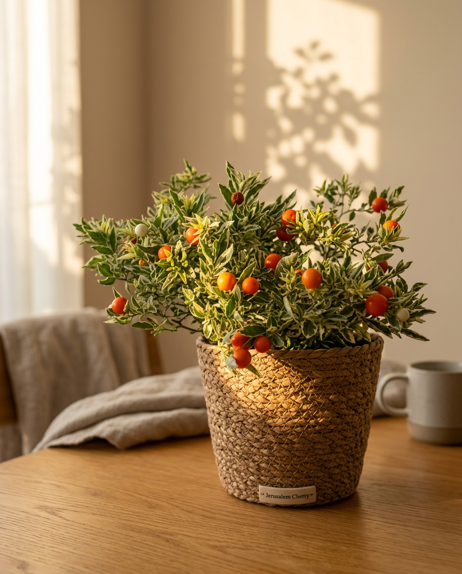 Jerusalem cherry photographed on a windowsill beside Christmas decorations and warm interior light