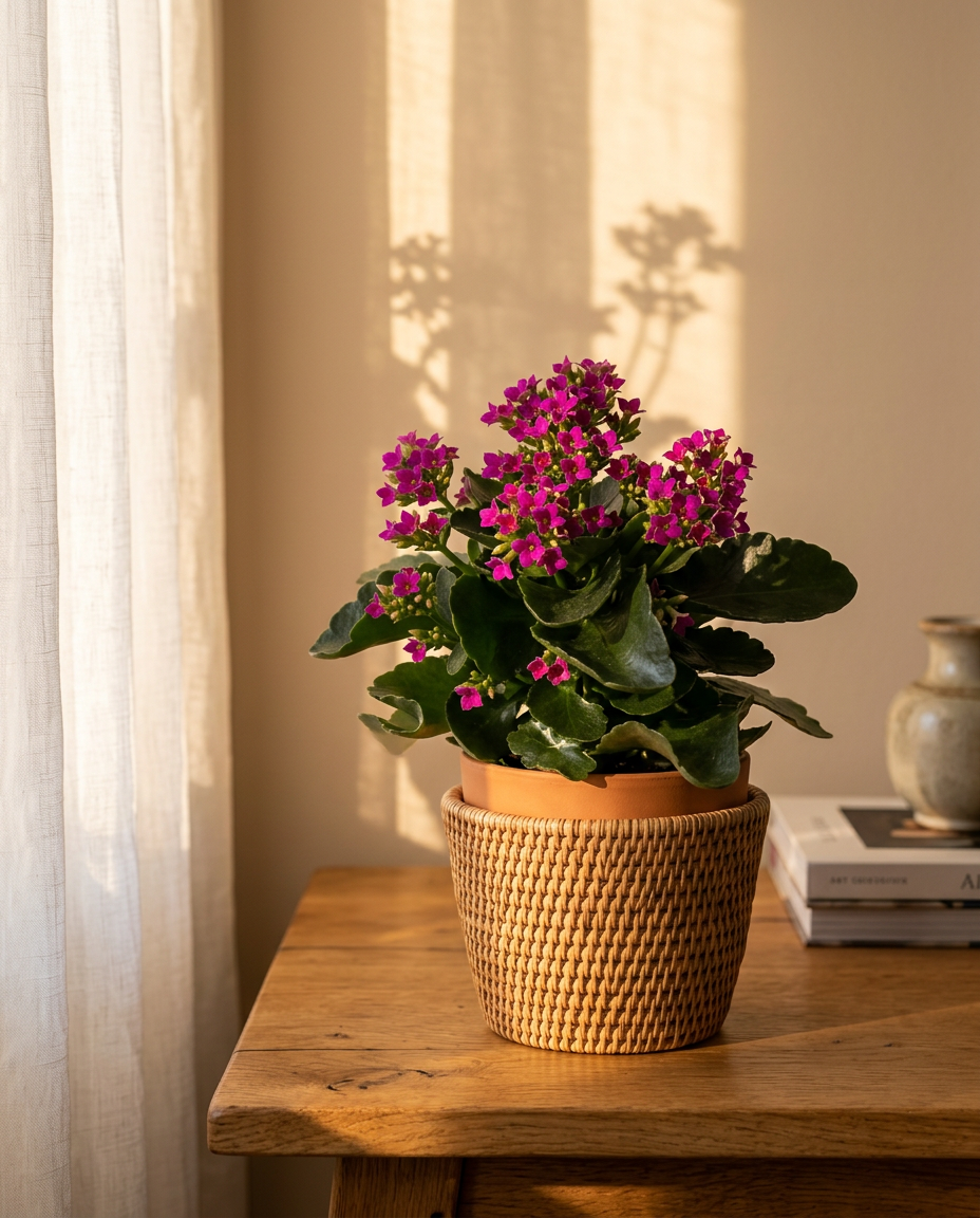 Kalanchoe in a sunlit Japandi interior — Kalanchoe spp. potted on a warm wooden table
