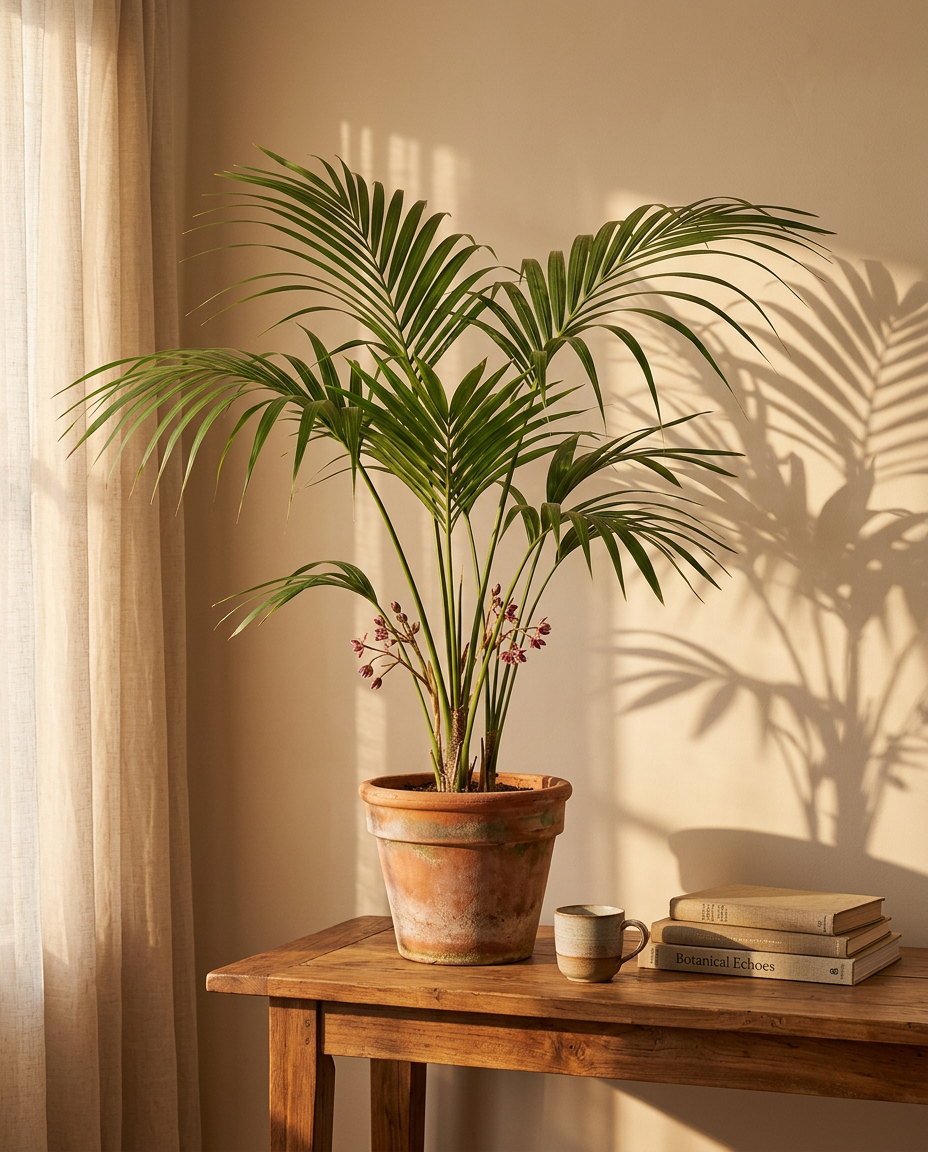 Kentia palm photographed in a sunlit Victorian-styled drawing room with tall windows