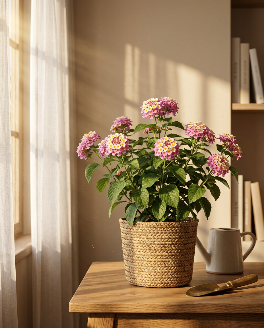 Lantana photographed in a sunlit interior on a patio table