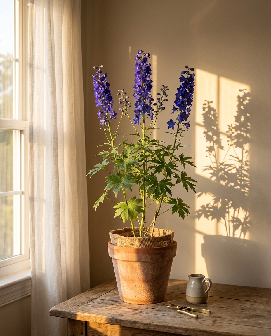 Larkspur photographed in a cottage garden border with tall blue spikes against a stone wall