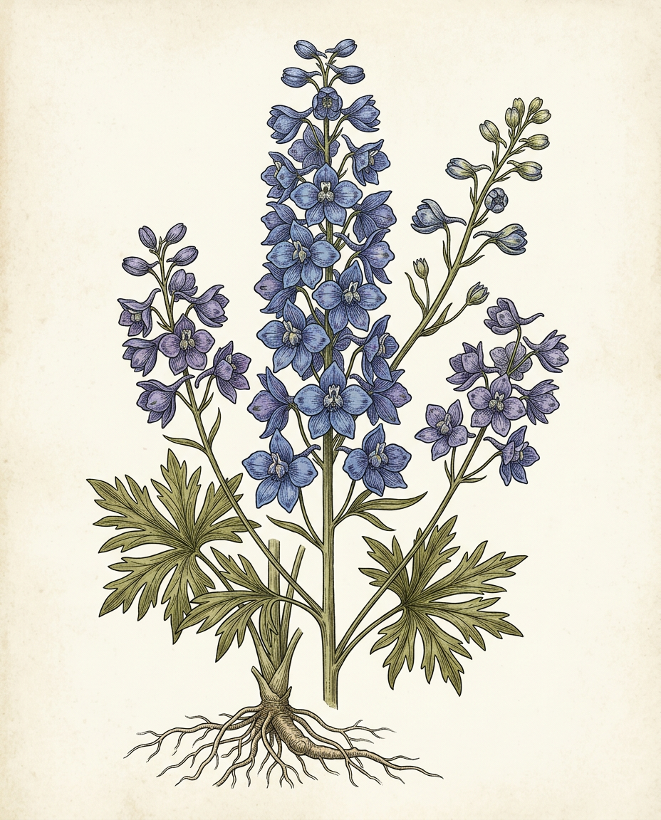 Botanical plate — Larkspur with tall spike of spurred blue and violet flowers above palmate divided leaves