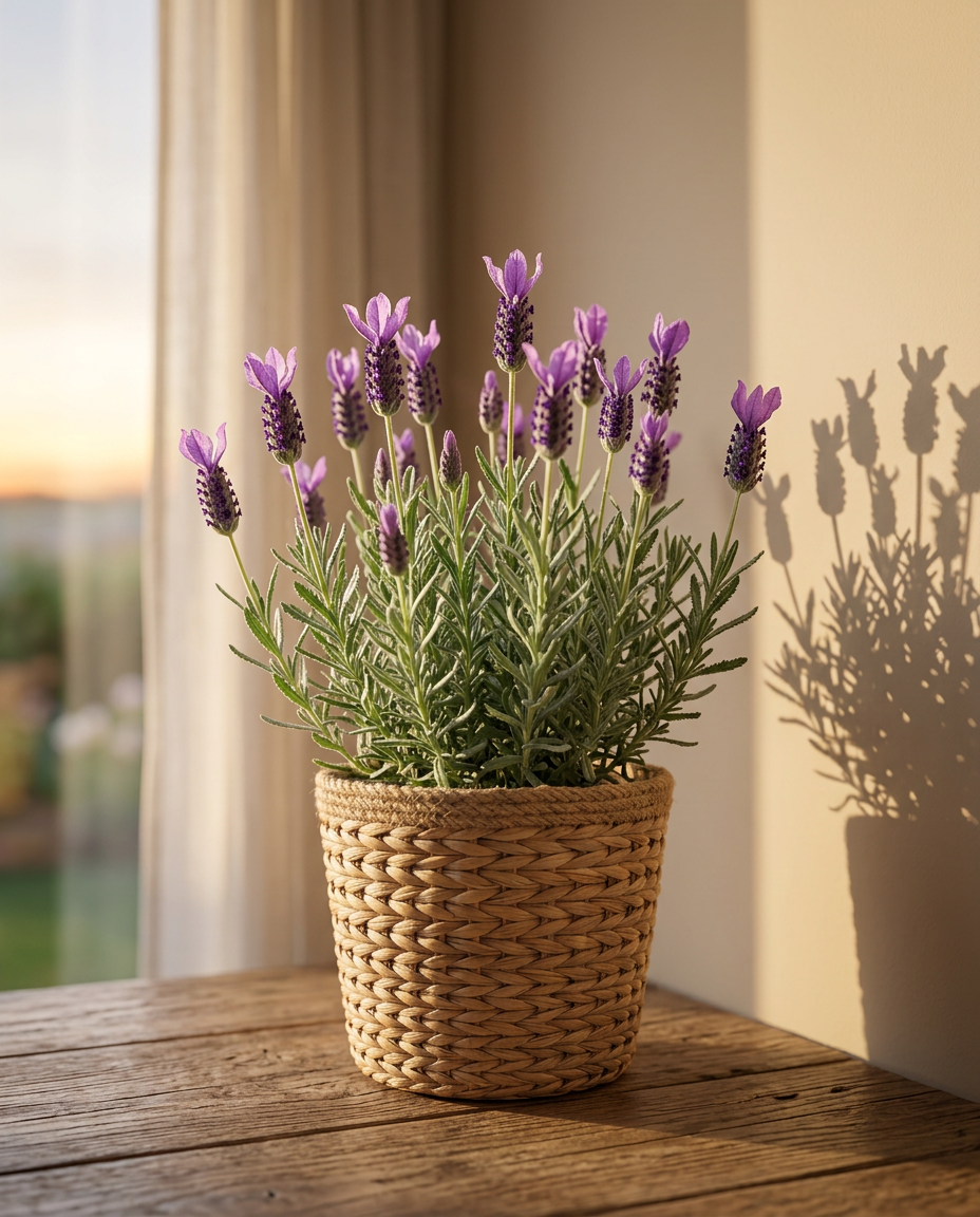 Lavender in a sunlit Japandi interior — Lavandula angustifolia potted on a warm wooden table