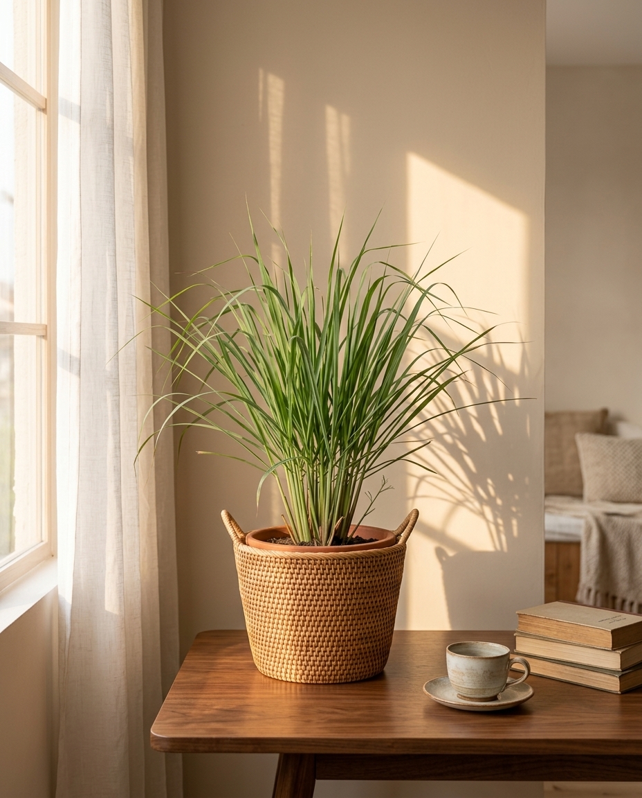 Lemon grass photographed in a sunlit kitchen herb garden in a tall terracotta pot