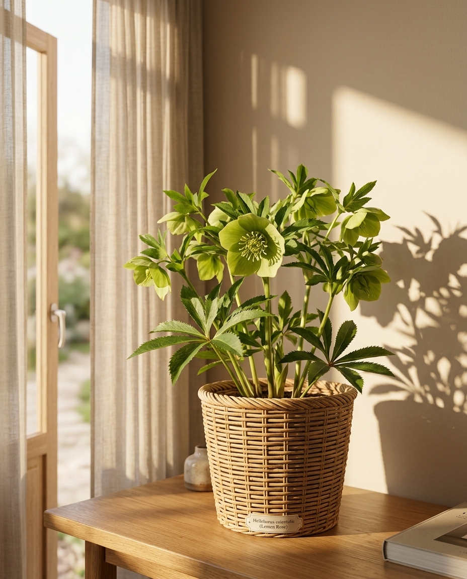 Lenten rose photographed in a sunlit winter garden among bare branches and frost-touched soil