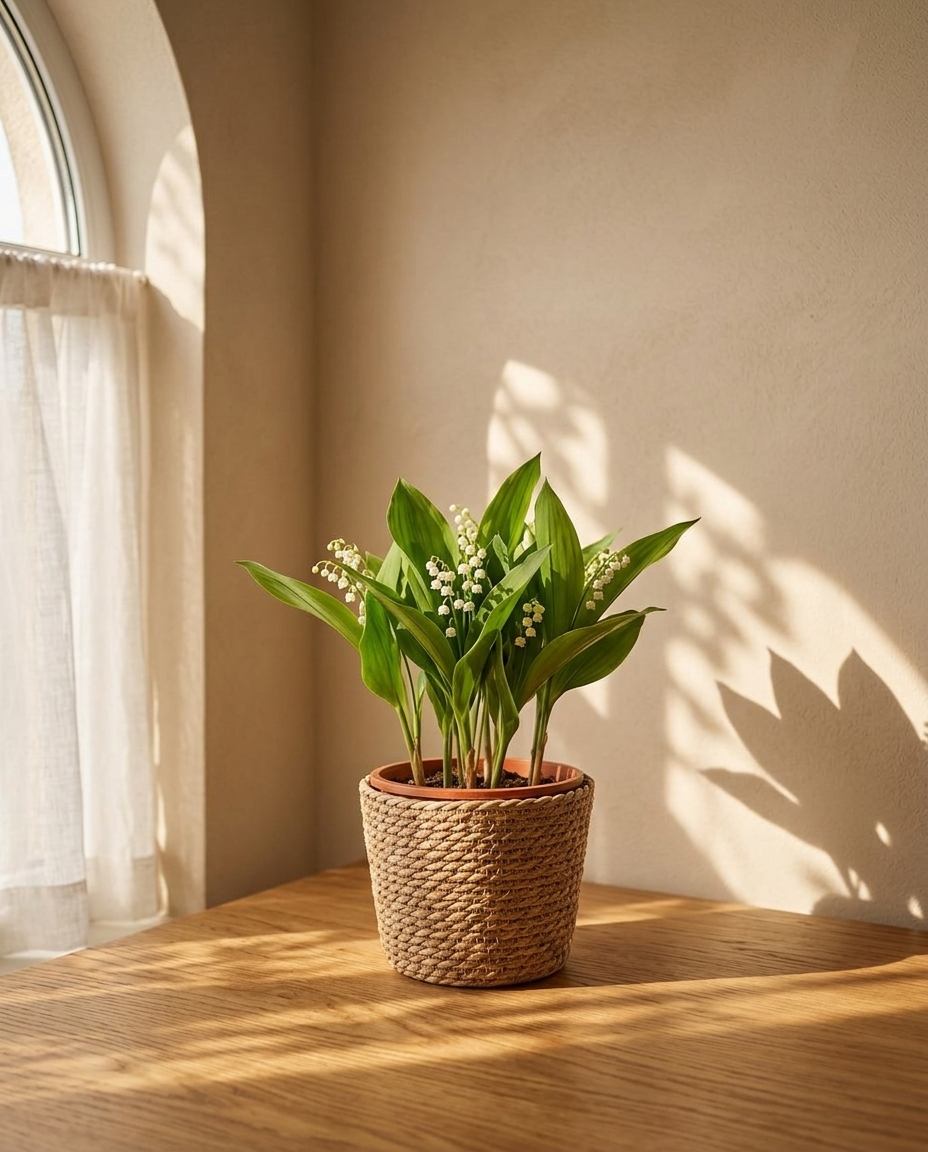 Lily of the Valley photographed in a sunlit interior in a small porcelain pot