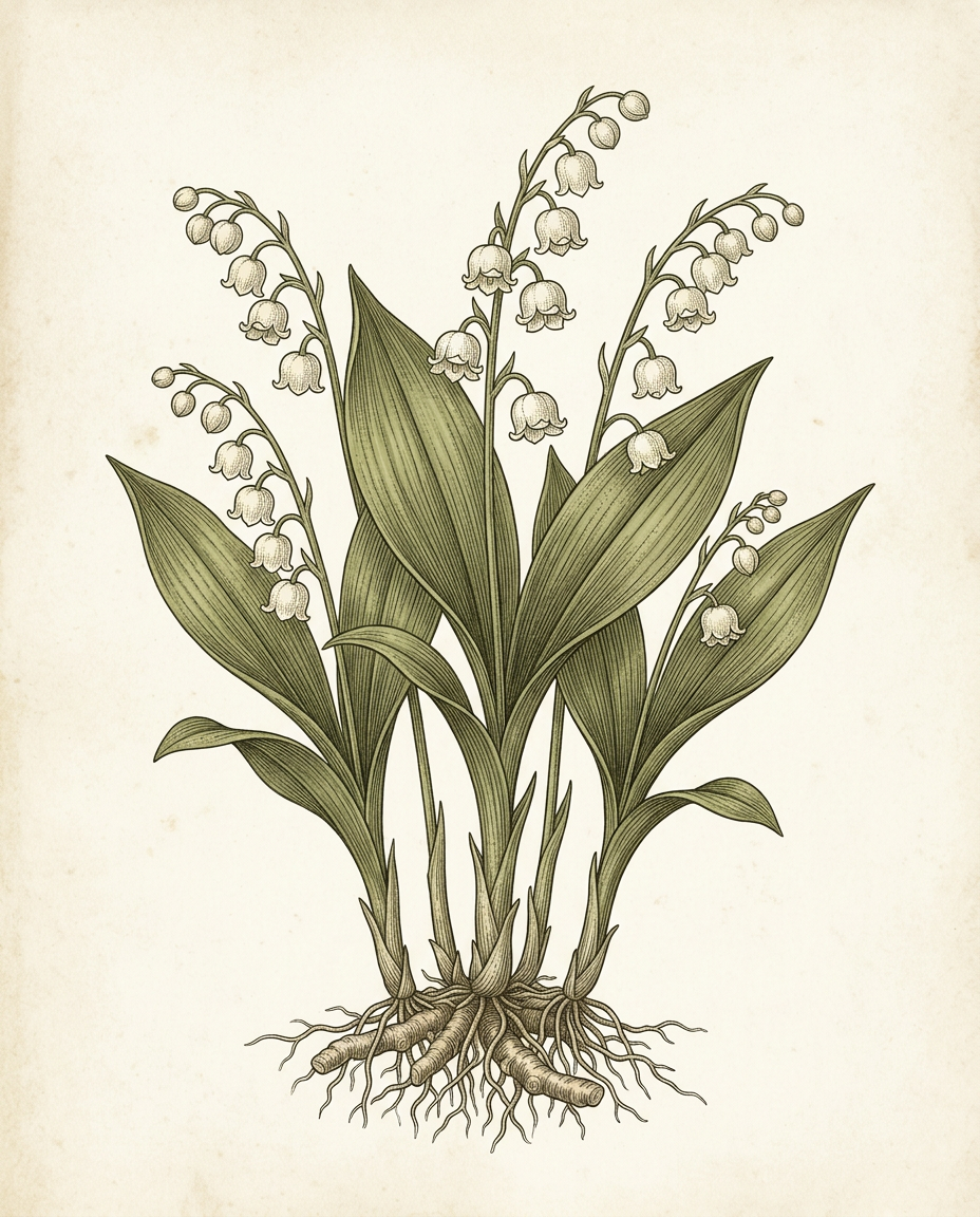 Botanical plate — Lily of the Valley, arching spike of small white bell-shaped flowers above paired oval leaves