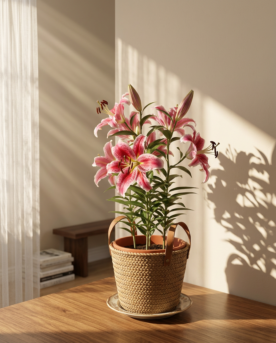 Lily in a sunlit Japandi interior — Lilium spp. arranged on a warm wooden table